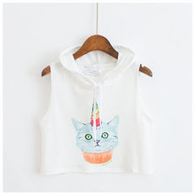 Summer Crop Top T-shirt  Women Loose Hooded Sleeveless Tops Tees Unicorn/Rose Printing tshirt Female Casual Blusa 33001 GS