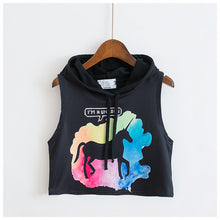 Summer Crop Top T-shirt  Women Loose Hooded Sleeveless Tops Tees Unicorn/Rose Printing tshirt Female Casual Blusa 33001 GS