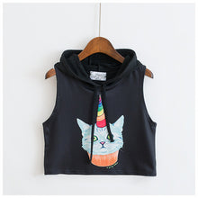 Summer Crop Top T-shirt  Women Loose Hooded Sleeveless Tops Tees Unicorn/Rose Printing tshirt Female Casual Blusa 33001 GS