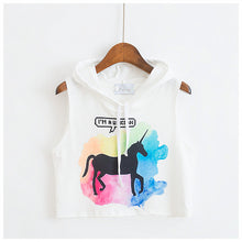 Summer Crop Top T-shirt  Women Loose Hooded Sleeveless Tops Tees Unicorn/Rose Printing tshirt Female Casual Blusa 33001 GS