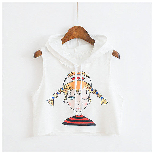 Summer Crop Top T-shirt  Women Loose Hooded Sleeveless Tops Tees Unicorn/Rose Printing tshirt Female Casual Blusa 33001 GS