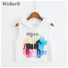 Summer Crop Top T-shirt  Women Loose Hooded Sleeveless Tops Tees Unicorn/Rose Printing tshirt Female Casual Blusa 33001 GS