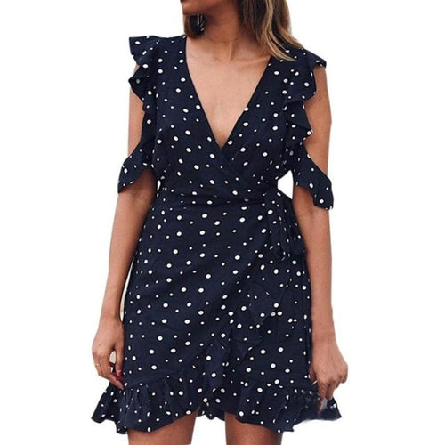 Dress  New Ruffle Cold Shoulder Dot Print Dresses Women Chiffon Vintage Bow Mini dress Women White Black #418 GS