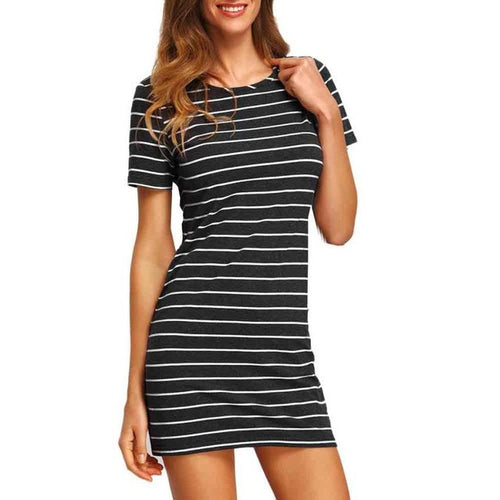 Dress  Women Fashion Striped Short Sleeve Straight Loose Mini T-Shirt Dress For Ladies Black Pink Robe Femme #43 GS