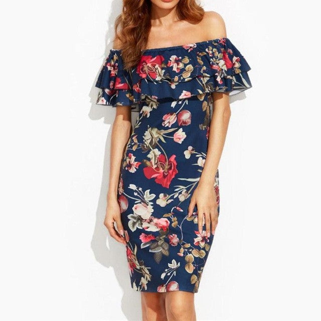 Dress  Women Short Sleeve Floral Print Bodycon Vestidos Mujer Off The Shoulder Ruffle Sheath Dress Clothes Women #23 GS