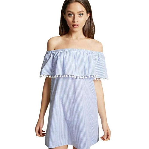 Dress Women  Tassel Blue White Striped Off Shoulde Beach Dress Casual Short Sleeve Loose Women's Dresses #23 GS