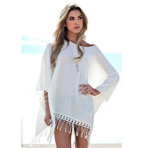 Dresses  Ladies White Beach Dress Loose Batwing Sleeve Long Sleeve Chiffon Lace Dress For Women vestidos femininos GS