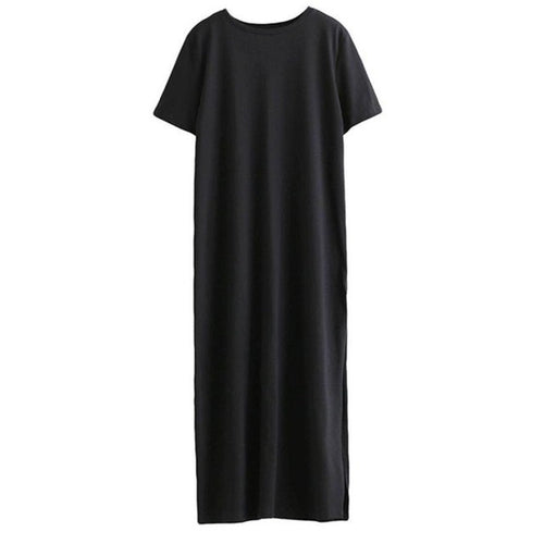 Fashion  Long Dress Women Side High Splite O Neck Short Sleeve Casual Loose Black Women T Shirt Dress Vestidos #03 GS