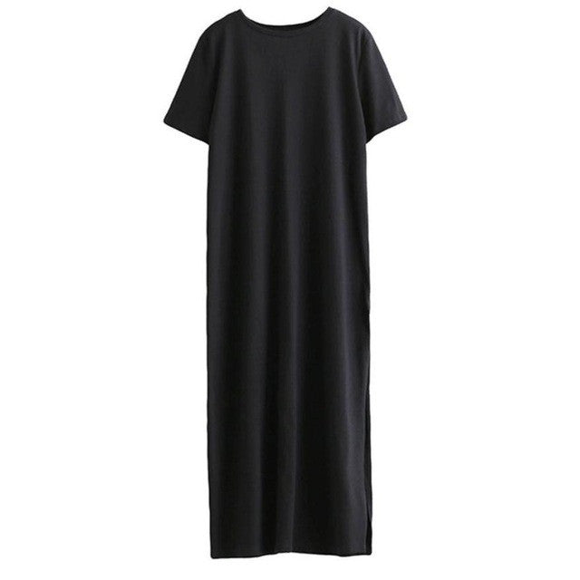 Fashion  Long Dress Women Side High Splite O Neck Short Sleeve Casual Loose Black Women T Shirt Dress Vestidos #03 GS