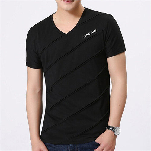 Summer Fashion Casual Men T Shirt  Europe Slim V-neck Solid Color Fold T-shirt Male Cotton Short-sleeved Shirts 31283 GS