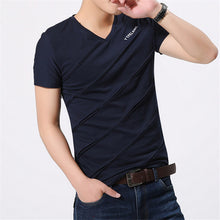 Summer Fashion Casual Men T Shirt  Europe Slim V-neck Solid Color Fold T-shirt Male Cotton Short-sleeved Shirts 31283 GS
