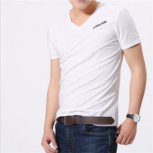 Summer Fashion Casual Men T Shirt  Europe Slim V-neck Solid Color Fold T-shirt Male Cotton Short-sleeved Shirts 31283 GS