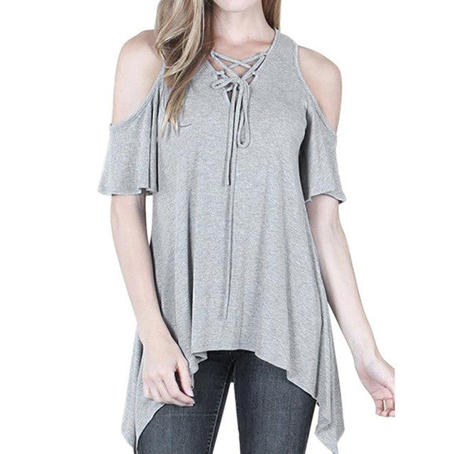 Fashion Tee Tops  Ladies Tee Shirts Casual Short Sleeve Cold Shoulder Grey O Neck Asymmetric Hem T-shirt Women #63 GS