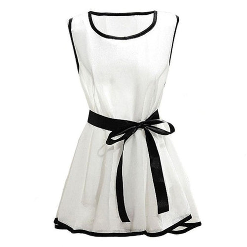 Fashion Women Sweet Slim Fit Lady Chiffon Shirt Sleeveless O Neck White Womens Blouses With Belt camisetas mujer  GS