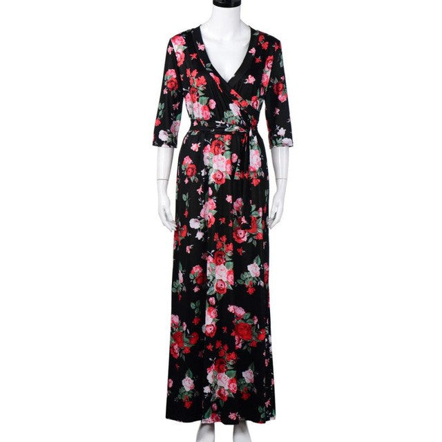 Long Dresses Women  Floral Print V Neck Boho Maxi Party Beach Dresses Three Quarter Sleeve Boho Style Dress New #23 GS