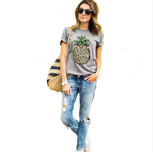 Summer New Print Women T Shirt Fashion Pineapple Fruit Print Casual Women Tops O Neck Short Sleeve Gray T-shirt 61320 GS