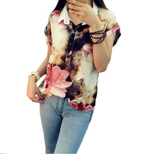Summer New Style Women T Shirt  Fashion Turndown Collar Floral Printing T-shirt Short Sleeve Women Casual T Shirts 31656 GS