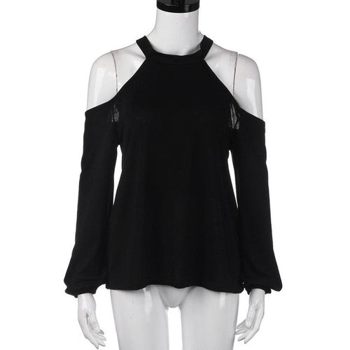 Off Shoulder Halter Neck Black T-shirt Female Long Sleeve Women Top Black Tee Shirt Femme Camisetas Mujer  #63 GS