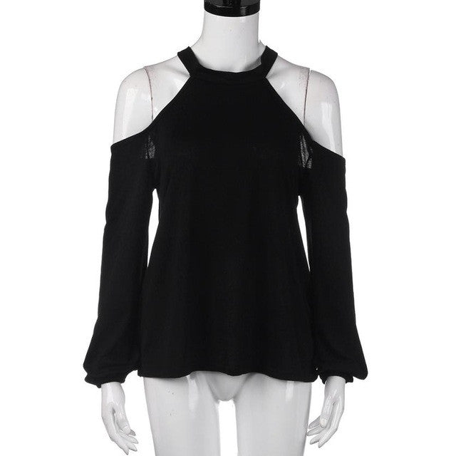 Off Shoulder Halter Neck Black T-shirt Female Long Sleeve Women Top Black Tee Shirt Femme Camisetas Mujer  #63 GS
