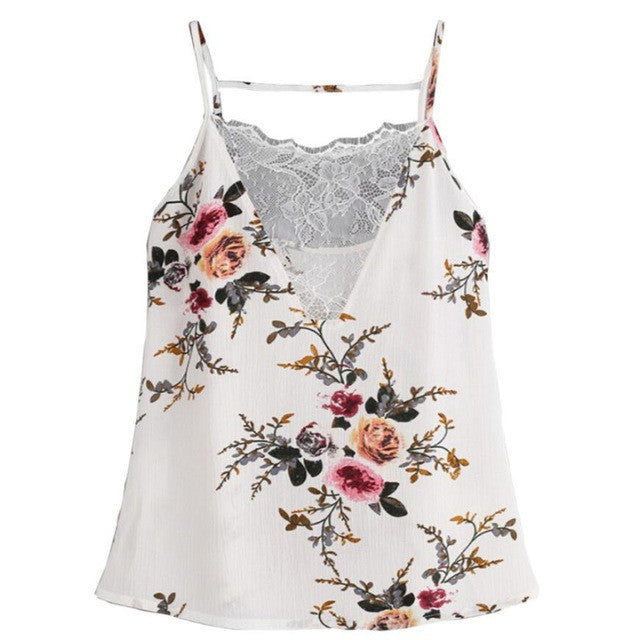 Sexy Backless Lace Stitching Vest  Casual V Neck Sleeveless Flower Print Chiffon Strap Crop Tank Tops Women #416 GS