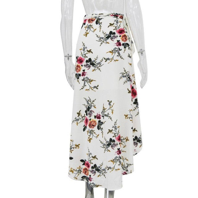 Skirts Women  Fashion Floral Print Boho Style Sexy Asymmetrical Splite High Waist Slim Long Skirts Ladies A-Line #53 GS