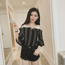 Summer Strapless Women Shirt Korean Style False Two Piece Butterfly Sleeve Blouse Sexy Slash Neck Striped Tops 71239 GS