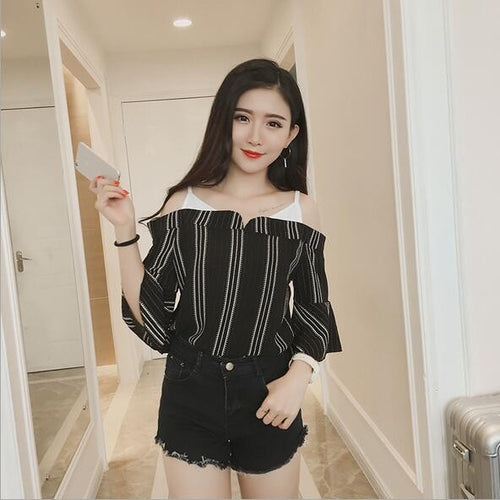 Summer Strapless Women Shirt Korean Style False Two Piece Butterfly Sleeve Blouse Sexy Slash Neck Striped Tops 71239 GS