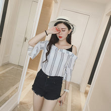 Summer Strapless Women Shirt Korean Style False Two Piece Butterfly Sleeve Blouse Sexy Slash Neck Striped Tops 71239 GS