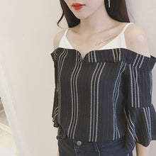 Summer Strapless Women Shirt Korean Style False Two Piece Butterfly Sleeve Blouse Sexy Slash Neck Striped Tops 71239 GS