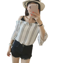 Summer Strapless Women Shirt Korean Style False Two Piece Butterfly Sleeve Blouse Sexy Slash Neck Striped Tops 71239 GS