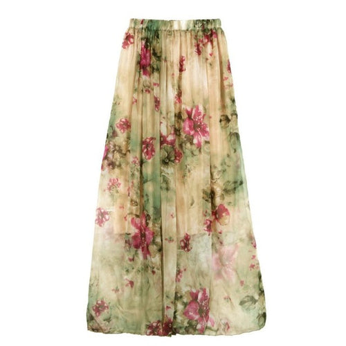 Style  Women Boho Chiffon skirts womens Pleated A-Line Floral Printed Long Skirt Elastic Waist Skirt Saia,Faldas GS