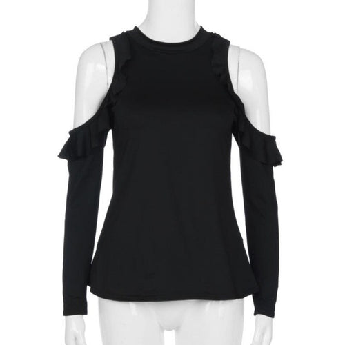 Style  Fashion Women Casual Off Shoulder Long Sleeves Ruffles Hem Drop Shoulder Tee Tops T-Shirt Femme camisetas #03 GS