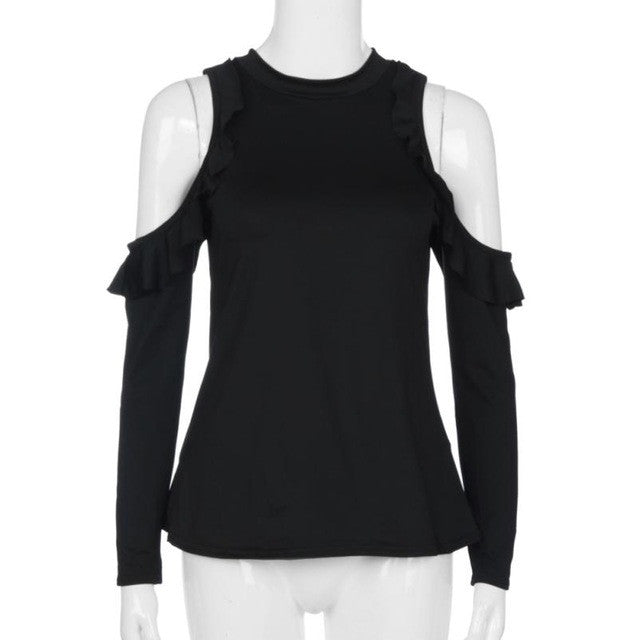 Style  Fashion Women Casual Off Shoulder Long Sleeves Ruffles Hem Drop Shoulder Tee Tops T-Shirt Femme camisetas #03 GS