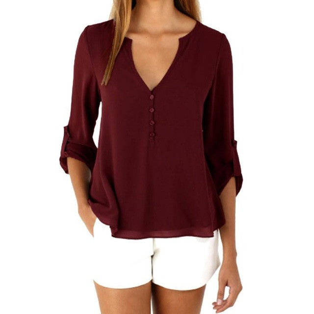 Style Blouses Womens Loose Long Sleeve Chiffon Casual V Neck Shirts Women Tops Fashion blusas feminina verao  &03 GS