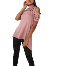 Style T shirt Women Tops  Women Sexy Front Hollow Out Short Sleeve Turtleneck Back Splite Sexy T-shirt Femme #1207 GS