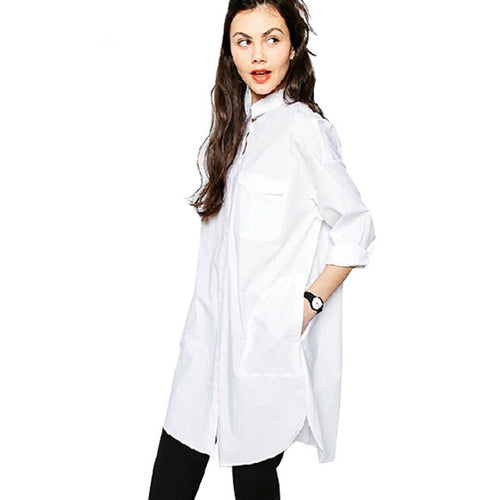 Summer Style Women White Loose Pockets Long Sleeve Dresses Notched Plus Size White Shirtdress GS