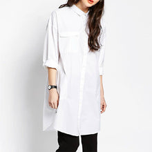 Summer Style Women White Loose Pockets Long Sleeve Dresses Notched Plus Size White Shirtdress GS
