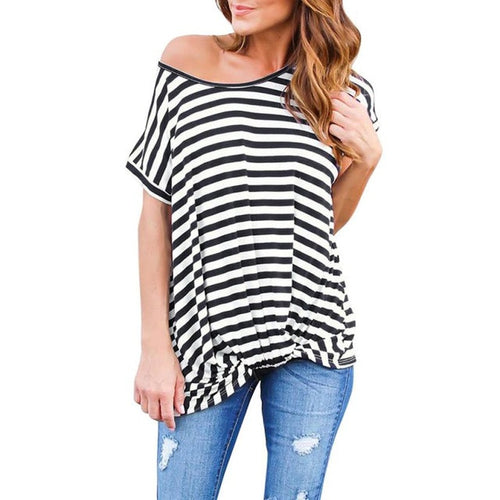 T-Shirt Women Tops  Casual Loose Black Blue Striped Short Sleeve T-shirt Female Women camisetas mujer #63 GS