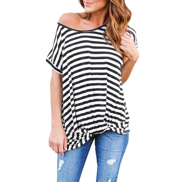 T-Shirt Women Tops  Casual Loose Black Blue Striped Short Sleeve T-shirt Female Women camisetas mujer #63 GS