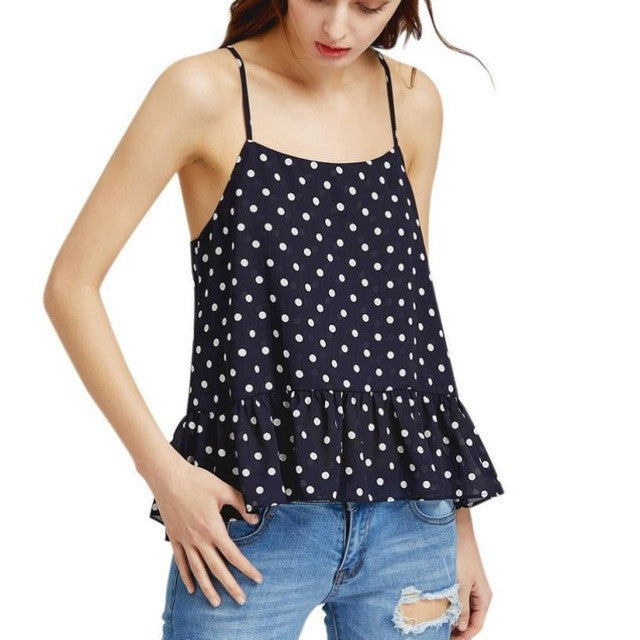Tank Tops Women  Casual Racerback Ruffle Hem Polka Dot Beach Cami Tops Women #421 GS