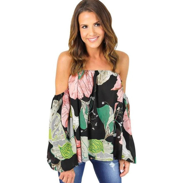 Tops Women  New Fashion Print Chiffon Women Off Shoulder Irregular Lantern Sleeve Loose Casual Tee Tops #23 GS