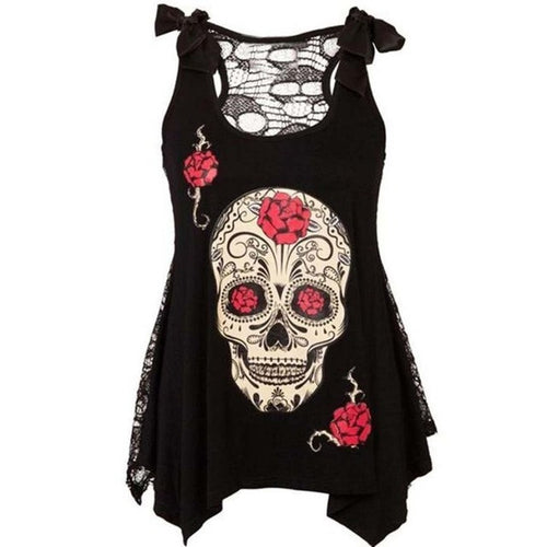 Tops Women Fashion Skull Print Loose Lace Patchwork Bandages Casual Sexy Transparent Sleeveless Tank Tops For Women #23 GS