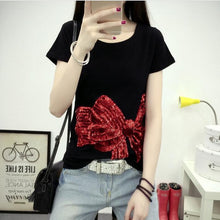 Summer Woman Top Tees  Short Sleeves Sequined Cartoon Bowknot/Girl/Boy Print T-shirts For Ladies Casual Female T-shirt 33005 GS