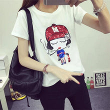 Summer Woman Top Tees  Short Sleeves Sequined Cartoon Bowknot/Girl/Boy Print T-shirts For Ladies Casual Female T-shirt 33005 GS