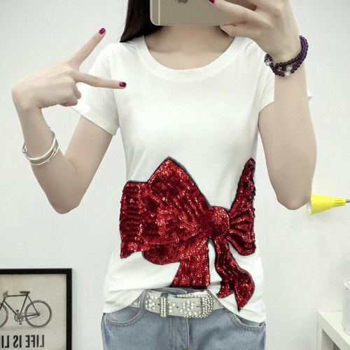 Summer Woman Top Tees  Short Sleeves Sequined Cartoon Bowknot/Girl/Boy Print T-shirts For Ladies Casual Female T-shirt 33005 GS