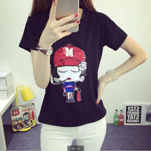 Summer Woman Top Tees  Short Sleeves Sequined Cartoon Bowknot/Girl/Boy Print T-shirts For Ladies Casual Female T-shirt 33005 GS