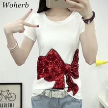 Summer Woman Top Tees  Short Sleeves Sequined Cartoon Bowknot/Girl/Boy Print T-shirts For Ladies Casual Female T-shirt 33005 GS