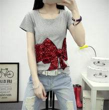 Summer Woman Top Tees  Short Sleeves Sequined Cartoon Bowknot/Girl/Boy Print T-shirts For Ladies Casual Female T-shirt 33005 GS