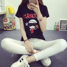 Summer Woman Top Tees  Short Sleeves Sequined Cartoon Bowknot/Girl/Boy Print T-shirts For Ladies Casual Female T-shirt 33005 GS