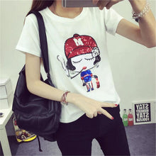 Summer Woman Top Tees  Short Sleeves Sequined Cartoon Bowknot/Girl/Boy Print T-shirts For Ladies Casual Female T-shirt 33005 GS